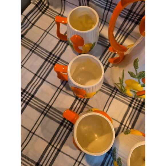 Vintage Ceramic Coffee Server Set Mushroom Motif‎ Teapot 6 Mugs Arnels - Picture 4 of 13